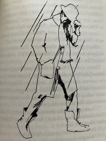 Boxcar Children Caboose Mystery  - man walking in the rain